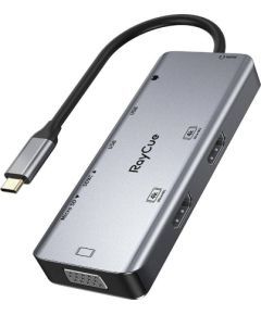 Hub 9in1 RayCue USB-C to 2x USB-A 3.0 5Gbps + 2x SD/TF 3.0 + 2x HDMI 4K30Hz + VGA 1080p + jack 3.5mm + PD 3.0 100W (gray)