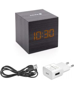 Evelatus EMC02 Digitāls koka kuba Pulkstenis Modinātājs ar termometru + USB adapteris Melns