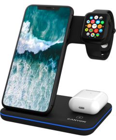 CANYON WS-303, 3in1 Wireless charger, with touch button for Running water light, Input 9V/2A, 12V/2A, Output 15W/10W/7.5W/5W, Type c to USB-A cable length 1.2m, 137*103*140mm, 0.195Kg, Black