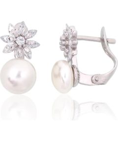 Sudraba auskari ar 'angļu' slēdzēju #2204152(PRh-Gr)_CZ+PE, Sudrabs 925°, rodijs (pārklājums), Cirkoni, Pērles, 2.4 gr. Ar "angļu" slēdzēju