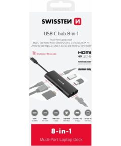 Swissten 8in1 USB-C Hub Алюминий USB-C 100W / HDMI 4K / LAN RJ45 / 2x USB-A / USB-C / SD / MICRO SD