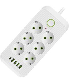 CP PW6 2in1 Gudrais EU 6x Strāvas pagarinātājs 2500W 2.1m + USB-C + 4x USB Lādētājs Balts