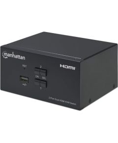 Manhattan HDMI KVM Switch 2-Port, 4K@30Hz, USB-A/3.5mm Audio/Mic Connections, Cables included, Audio Support, Control 2x computers from one pc/mouse/screen, USB Powered, Black, Three Year Warranty, Boxed