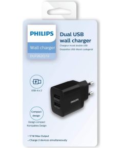 Philips DLP2620|12 зарядное устройство с двумя портами USB 17 Вт | 2,4 А, черное