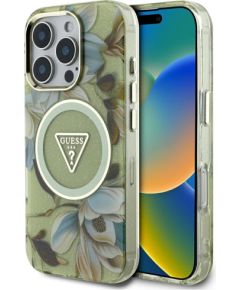 Guess Glitter Flowers Triangle Buttons MagSafe Aizsargapvalks priekš Apple iPhone 16 Pro