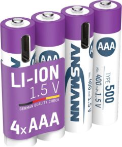 Uzlādējamās baterijas AAA 1.5V 500mAh (Li-Ion 0.74Wh), ar USB-C maksimālo izejas jaudu DC 1.5V 1A (4gab kaste) ANSMANN