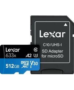 Micro SD Lexar Professional 633x SDHC/SDXC UHS-I SDXC, 512GB Class 10, U3, V30, 45 MB/s, 95 MB/s