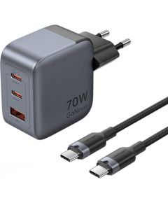GaN Vention USB-C+C+A 70W Charger + USB-C-C Cable 1m (Gray)