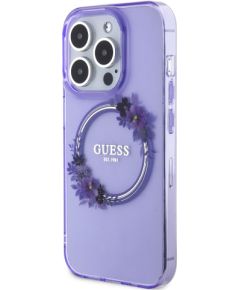 Guess PC|TPU Flowers Ring Glossy Logo MagSafe Korpuss iPhone 15 Pro violets