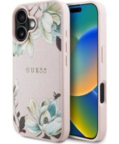 Guess -  Etui Guess Grained Printed Flower Pattern MagSafe do iPhone 16 Pink