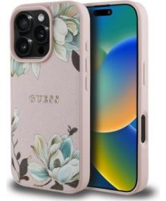Guess -  Etui Guess Grained Printed Flower         Pattern MagSafe for iPhone 16 Pro Pink