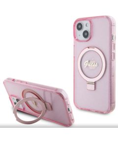 Guess Apple  iPhone 15 IML Ring Stand Glitter MagSafe Case Pink