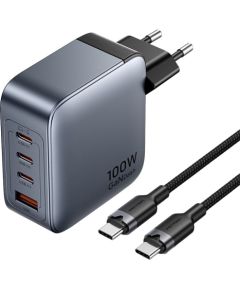 Vention power charger 3x USB-C, 1x USB-A, (100W/100W/30W/30W) (grey) with USB-C to USB-C cable (1m) (black)
