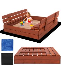 Aizverama smilšu kaste ar soliņiem Springos SBP100SET04 100×100 cm impregnēta koksne, ar geotekstilu un plēvi, brūna