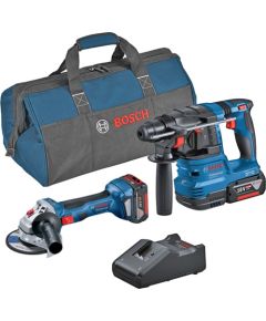 Bosch combo set cordless angle grinder GWS 18V-7 + cordless hammer drill GBH 18V-22, tool set (blue, 2x Li-ion battery 4.0Ah, tool bag)