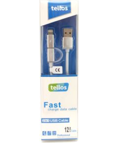 USB кабель "Tellos" TPE 2in1 "microUSB"-Apple "Lightning" серебряный, 1.2m
