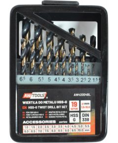 Urbju komplekts metālam AWTools AW42004BL; HSS; M2; 1-10 mm; 19 gab.