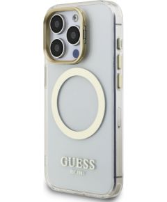 Guess IML Gold Outline Stand Camera Frame MagSafe Case Aizsargapvalks priekš Apple iPhone 15 Pro Max