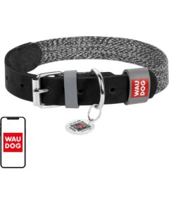 Dog collar made of natural leather and recycled material with QR code Waudog size S, width 15 mm, black