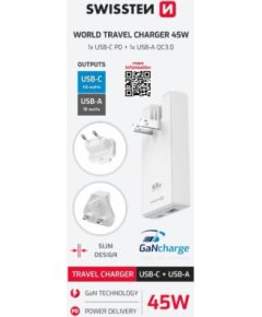 Swissten Travel Charger GaN USB-C / USB 3арядное устройство 45W (US/EU/UK)