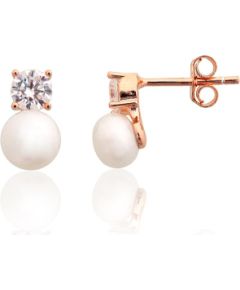 Sudraba auskari-puseti #2204285(PAu-R)_CZ+PE, Sudrabs 925°, sarkanais zelts (pārklājums), Cirkoni, Pērles, 1.7 gr. Puseti