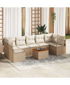 vidaXL 8-częściowy Zestaw Sof Ogrodowych z Poduszkami Beżowy Polirattan Akacja, vidaXL 2-osobowa Sofa Ogrodowa z Poduszkami Beżowy Polirattan Dārza mēbeļu komplekti