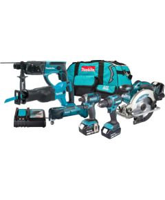 Instrumentu komplekts Makita DLX6135TX1 (DDF490+DTD152+DHR202+DSS610+DJR186+DTM51); 18 V; 3x5,0 Ah akum.  Elektroinstrumentu komplekti