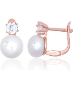 Sudraba auskari ar 'angļu' slēdzēju #2203847(PAu-R)_CZ+PE, Sudrabs 925°, sarkanais zelts (pārklājums), Cirkoni, Pērles, 2.5 gr. Ar "angļu" slēdzēju