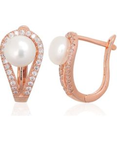 Sudraba auskari ar 'angļu' slēdzēju #2203846(PAu-R)_CZ+PE, Sudrabs 925°, sarkanais zelts (pārklājums), Cirkoni, Pērles, 3.2 gr. Ar "angļu" slēdzēju