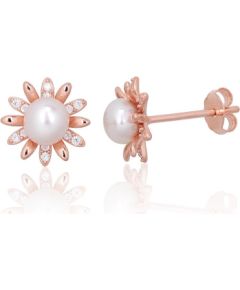 Sudraba auskari-puseti #2203837(PAu-R)_CZ+PE, Sudrabs 925°, sarkanais zelts (pārklājums), Cirkoni, Pērles, 1.1 gr. Puseti