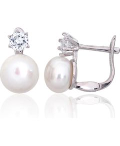 Sudraba auskari ar 'angļu' slēdzēju #2203847(PRh-Gr)_CZ+PE, Sudrabs 925°, rodijs (pārklājums), Cirkoni, Pērles, 2.4 gr. Ar "angļu" slēdzēju