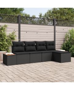 vidaXL Zestaw 5-elementowy sofa ogrodowa z poduszkami Black Poly Rattan Acacia Dārza mēbeļu komplekti