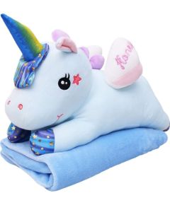 Leantoys Maskotka Przytulanka Pluszowy Jednorożec Z Kocem 160x110cm Niebieski 55cm Mīkstās rotaļlietas