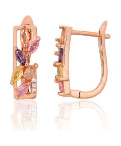 Серебряные серьги на английском замке #2204316(PAu-R)_CZ+CZ-MIX, Серебро 925°, красное золото (покрытие), Цирконы, 3.8 гр. Ar "angļu" slēdzēju