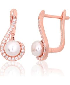 Sudraba auskari ar 'angļu' slēdzēju #2204153(PAu-R)_CZ+PE, Sudrabs 925°, sarkanais zelts (pārklājums), Cirkoni, Pērles, 2.7 gr. Ar "angļu" slēdzēju