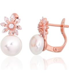 Sudraba auskari ar 'angļu' slēdzēju #2204152(PAu-R)_CZ+PE, Sudrabs 925°, sarkanais zelts (pārklājums), Cirkoni, Pērles, 2.4 gr. Ar "angļu" slēdzēju