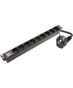 Rozešu bloks uz 9 ligzdām 19" 1U 16A ar slēdzi MELNS Serveri un to komponentes