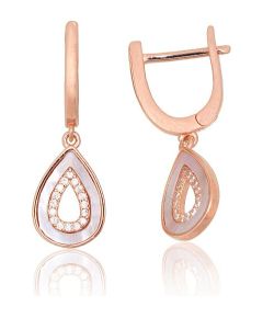 Серебряные серьги на английском замке #2204313(PAu-R)_CZ+PL, Серебро 925°, красное золото (покрытие), Цирконы, Перламутр, 2.6 гр. Ar "angļu" slēdzēju