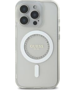 Guess IML Rhinestones Ring MagSafe Case Aizsargapvalks priekš iPhone 16 Pro / balts Neoriģinālie Maciņi