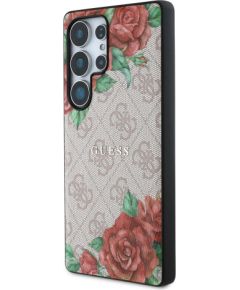 Guess PU Leather 4G Flowers Print Metal Classic Logo MagSafe Case Aizsargapvalks priekš Samsung Galaxy S25 Ultra / rozā Neoriģinālie Maciņi
