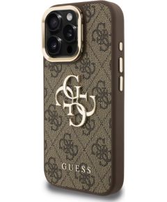 Guess PU 4G Metal Logo Stand Camera Frame Case Aizsargapvalks priekš iPhone 15 Pro / brūns Neoriģinālie Maciņi