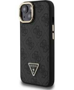 Guess PU 4G Strass Triangle Logo Stand Camera Frame MagSafe Case Aizsargapvalks priekš iPhone 15 / melns Neoriģinālie Maciņi