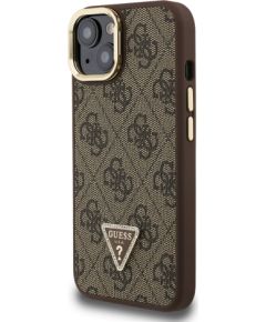 Guess PU 4G Strass Triangle Logo Stand Camera Frame MagSafe Case Aizsargapvalks priekš iPhone 15 / brūns Neoriģinālie Maciņi
