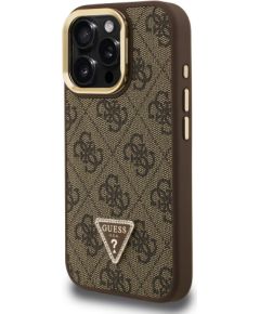 Guess PU 4G Strass Triangle Logo Stand Camera Frame MagSafe Case Aizsargapvalks priekš iPhone 16 Pro / brūns Neoriģinālie Maciņi