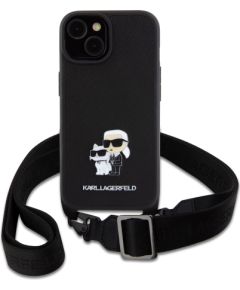 Karl Lagerfeld Saffiano Crossbody Strap Metal Karl and Choupette Aizsargapvalks priekš iPhone 15 / melns Neoriģinālie Maciņi