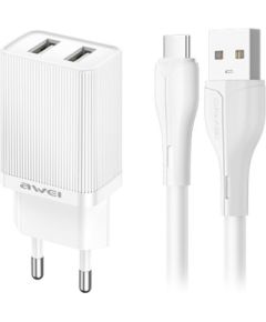Charger Awei C15T-EU 10W 2xUSB-A + USB-A to USB-C cable 1.0m white Telefonu lādētāji 220v