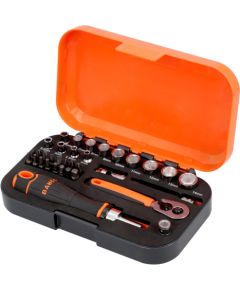 Bahco 1/4" Square Drive Socket and Bit Set with Metric Hex Profile and Ratcheting Bit Holder - 34 Pcs Atslēgu komplekti