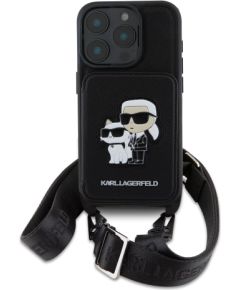 Karl Lagerfeld Saffiano Crossbody Strap Karl and Choupette Case Aizsargapvalks priekš iPhone 16 Pro / melns Neoriģinālie Maciņi