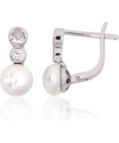 Sudraba auskari ar 'angļu' slēdzēju #2204151(PRh-Gr)_CZ+PE, Sudrabs 925°, rodijs (pārklājums), Cirkoni, Pērles, 3.1 gr. Ar "angļu" slēdzēju