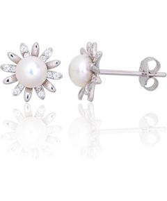 Sudraba auskari-puseti #2203837(PRh-Gr)_CZ+PE, Sudrabs 925°, rodijs (pārklājums), Cirkoni, Pērles, 1.1 gr. Puseti